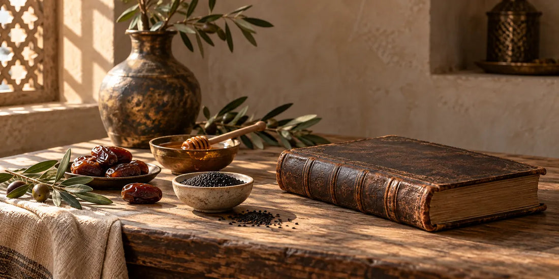 Closed antique manuscript beside black cumin seeds, honey, dates and olive branches on a sunlit wooden table
