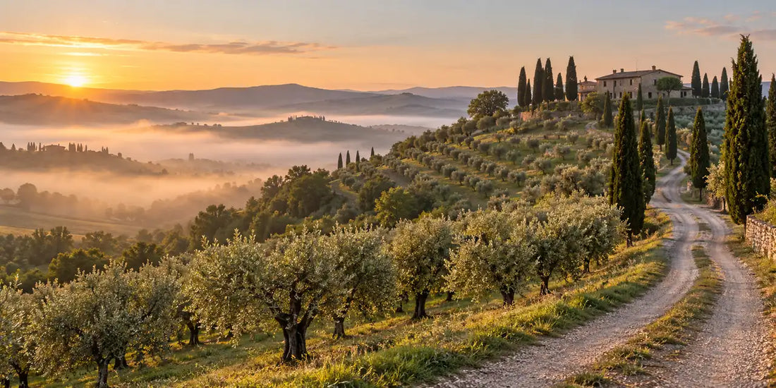 Tuscan hillside olive grove on gentle terraces with tall cypresses, a gravel track and misty valley at sunrise