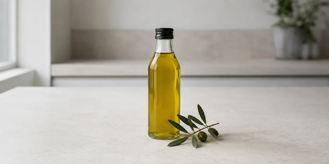 Plain unbranded glass bottle of pale gold olive oil on a pale stone kitchen surface with an olive branch