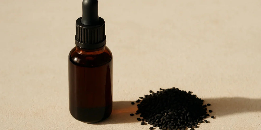 Single dark glass black seed oil bottle beside a heap of matte black Nigella sativa seeds on a pale stone surface