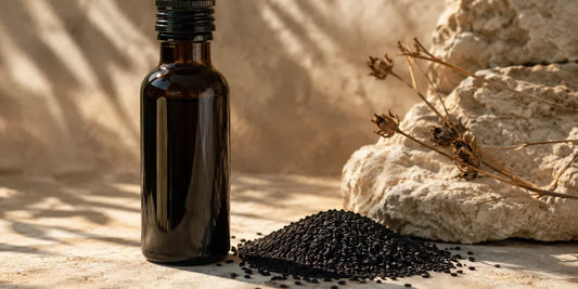 A dark glass black seed oil bottle beside matte black seeds on a pale stone surface in warm directional light