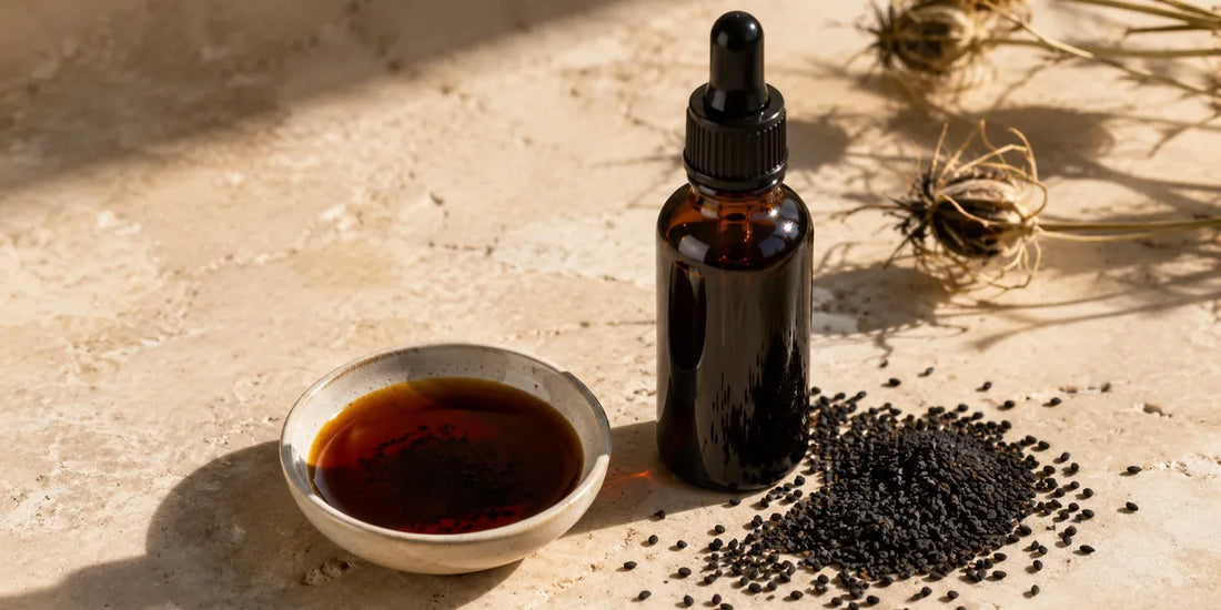 Dark glass bottle of deep bronze black seed oil beside scattered matte black seeds on pale stone