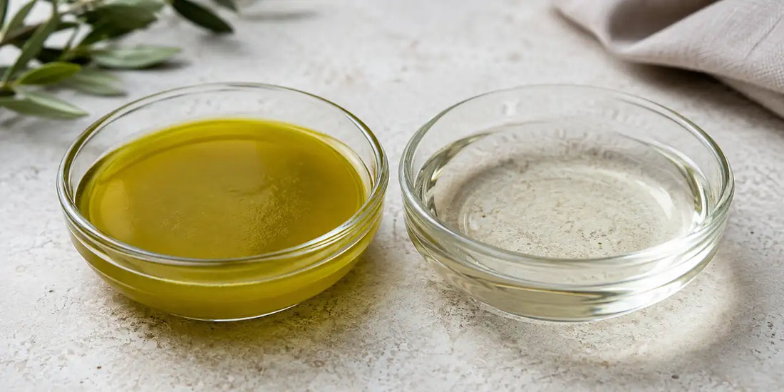 Two shallow glass dishes on pale stone, one holding cloudy golden-green oil and one holding clear colourless oil