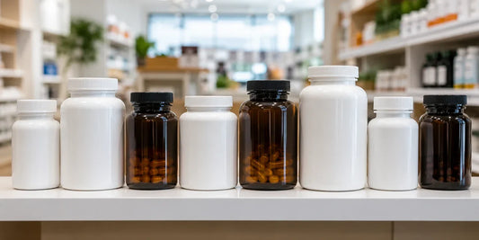 Row of unbranded supplement bottles on a clean bright retail shelf under even overhead lighting
