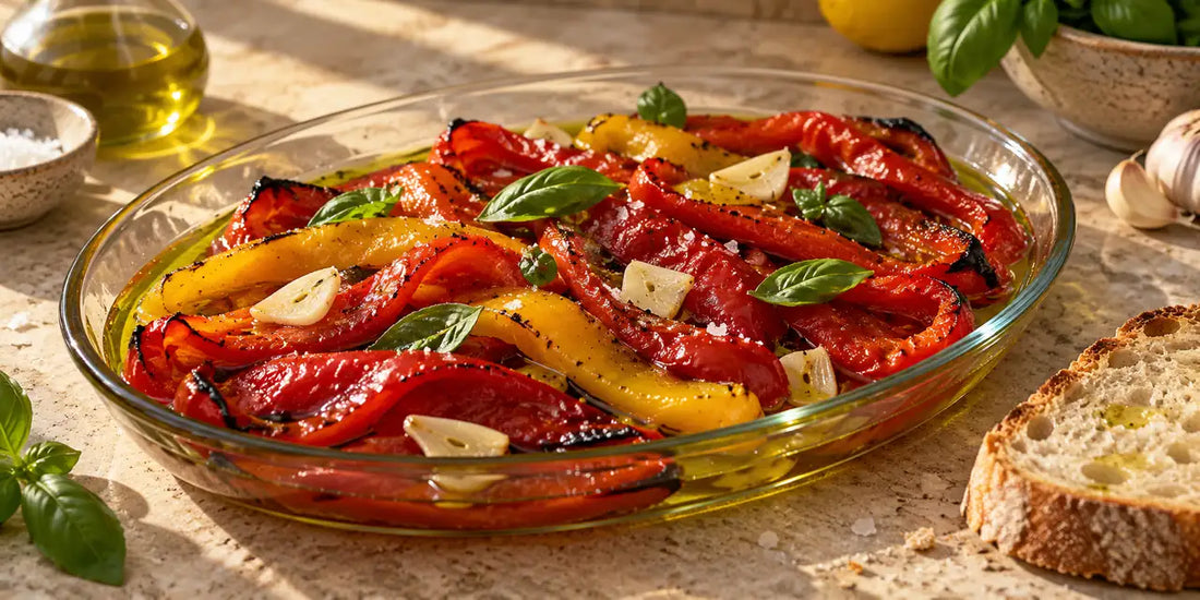 Silky roasted red and yellow pepper strips in golden-green olive oil in a glass dish with garlic and basil