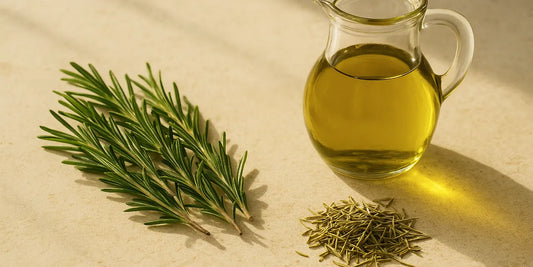Fresh rosemary sprigs and dried rosemary needles beside a glass jug of golden-green olive oil on stone