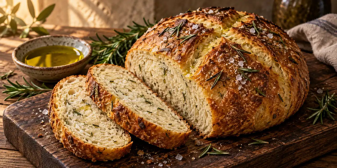Round rosemary olive oil bread loaf with a golden crust, sliced on a board beside rosemary sprigs and olive oil