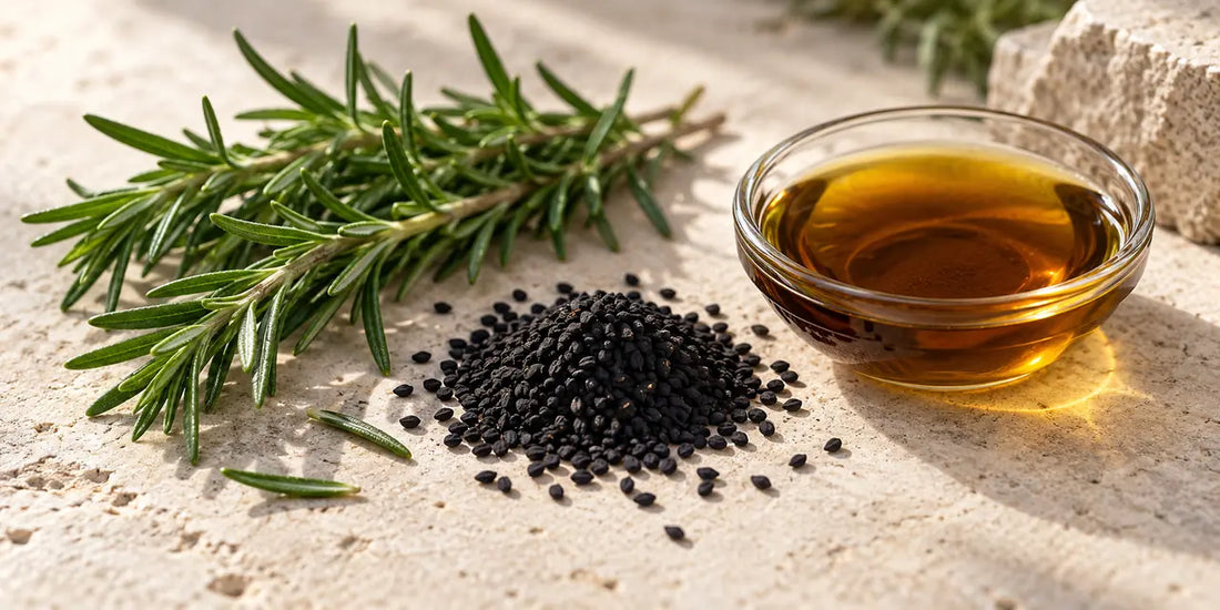 Fresh rosemary sprigs beside matte black nigella seeds and a glass dish of deep amber oil on limestone