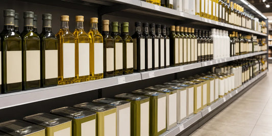 Long supermarket shelf of unbranded olive oil bottles and tins in varied heights under bright even lighting