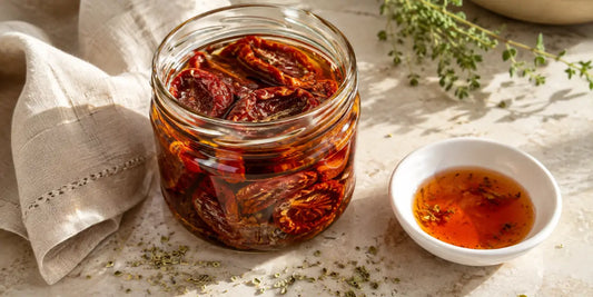 Open glass jar of deep red sun-dried tomatoes in oil beside a white dish of red-tinged oil