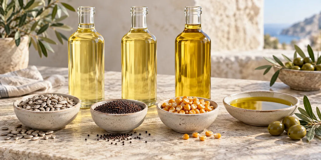 Clear bottles of pale seed oils beside bowls of sunflower seeds, rapeseed and corn, with golden-green olive oil