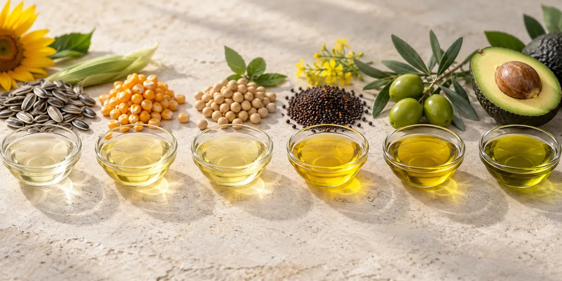 Row of glass dishes of cooking oils beside sunflower seeds, corn, soybeans, rapeseed, olives and avocado