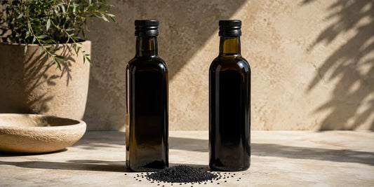 Two dark glass oil bottles side by side with scattered black seeds on pale stone in warm light