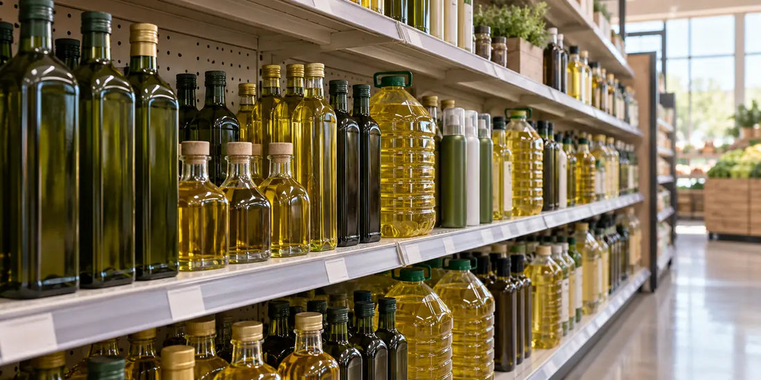 Long grocery shelf of unbranded olive oil bottles, jugs and spray cans in soft morning daylight