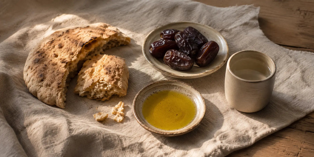 A simple meal of rustic bread, dates, and a cup of water arranged on a natural linen cloth in warm directional light