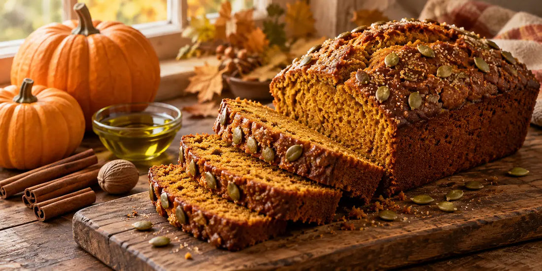 Sliced olive oil pumpkin bread loaf topped with pumpkin seeds beside small pumpkins and a dish of olive oil