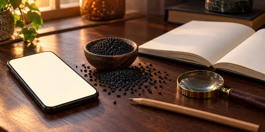 Smartphone with a blank glowing screen beside a heap of black seeds and an open notebook on wood