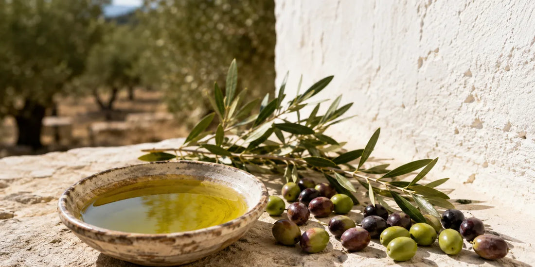 Shallow ceramic dish of green-gold olive oil beside scattered green and purple olives on sunlit pale limestone