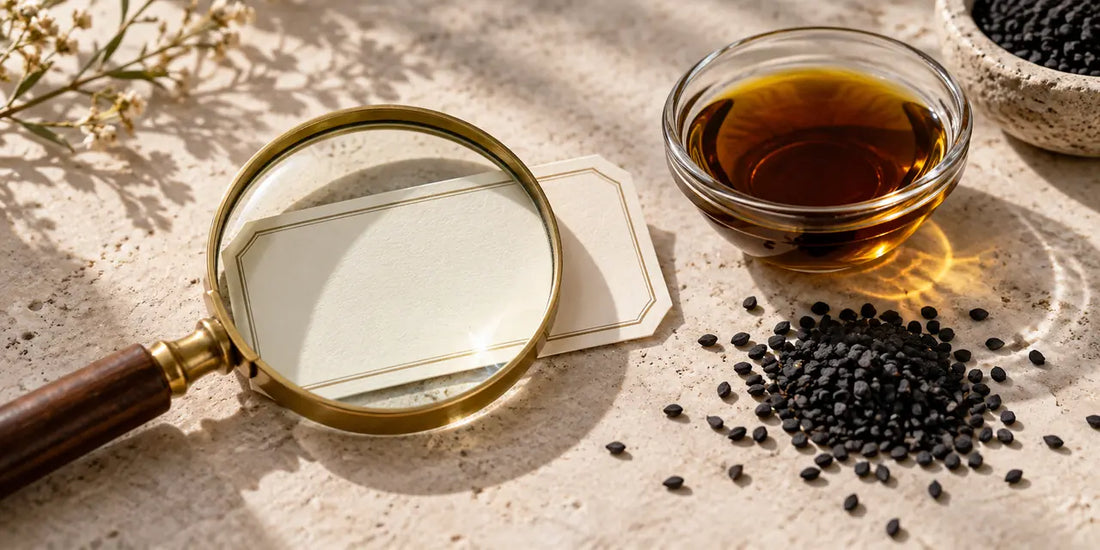 Brass magnifying glass over a blank label card beside deep amber oil and black seeds on pale stone