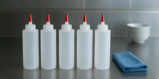 Row of unlabelled translucent plastic squeeze bottles with red conical tips on a stainless steel prep counter