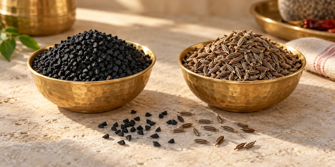 Two small brass bowls of angular matte black nigella seeds and slender ridged dark seeds on pale stone