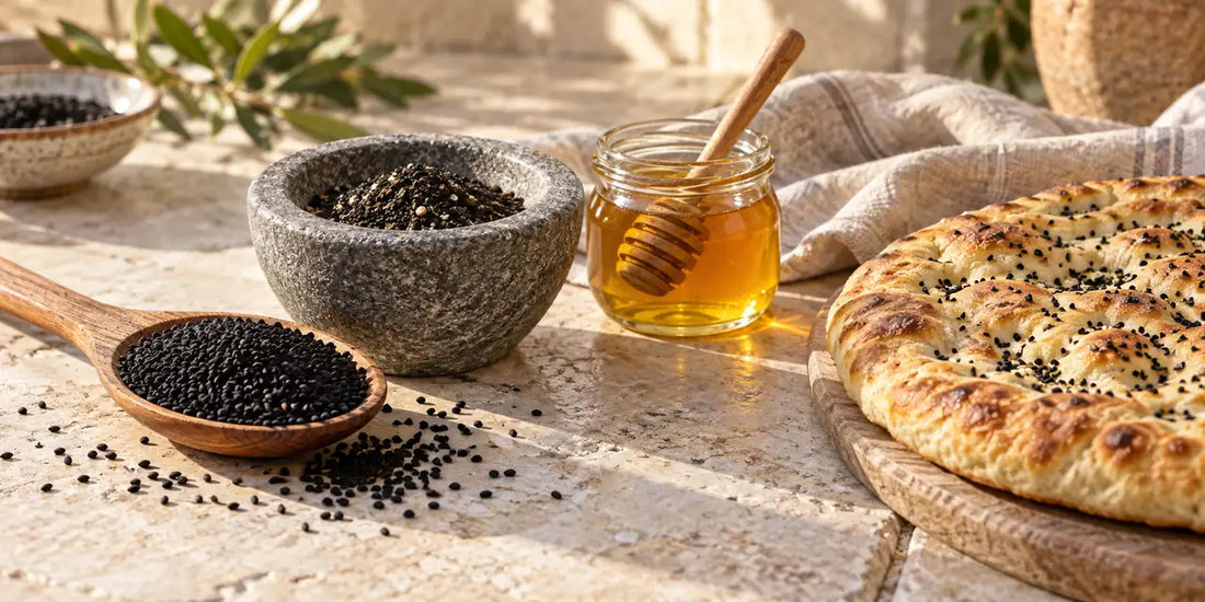 Wooden spoon of matte black nigella seeds, stone mortar, honey jar and seeded flatbread on pale limestone
