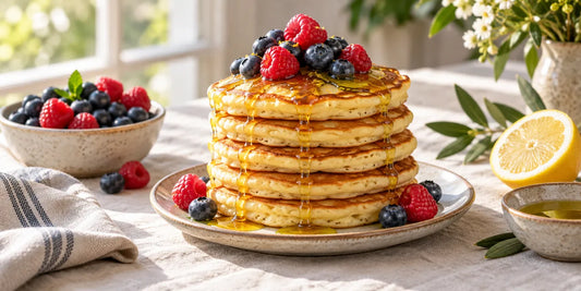 Tall stack of fluffy golden olive oil pancakes with blueberries, raspberries and honey dripping down the sides