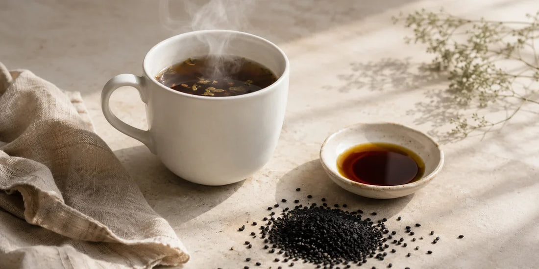 Plain white mug of steaming herbal infusion beside a dish of deep amber black seed oil and scattered seeds