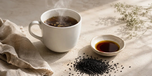 Plain white mug of steaming herbal infusion beside a dish of deep amber black seed oil and scattered seeds