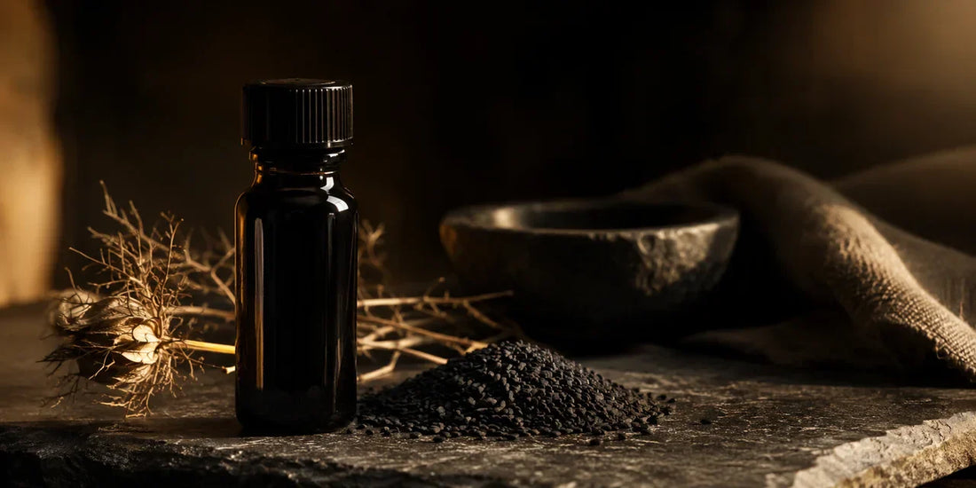 A dark glass black seed oil bottle beside black seeds on a dark stone surface in dramatic directional light