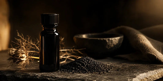 A dark glass black seed oil bottle beside black seeds on a dark stone surface in dramatic directional light
