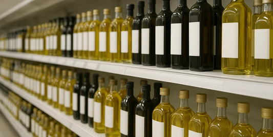 Long supermarket aisle shelf lined with cooking oil bottles of varied shapes with blank unmarked labels