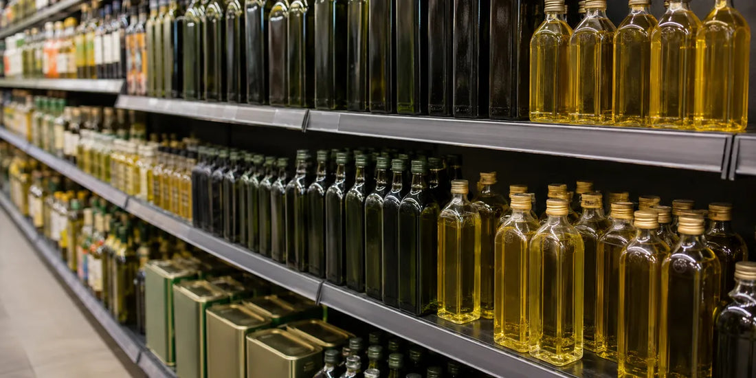 A supermarket shelf stocked with rows of olive oil bottles in dark glass, clear bottles, and tins