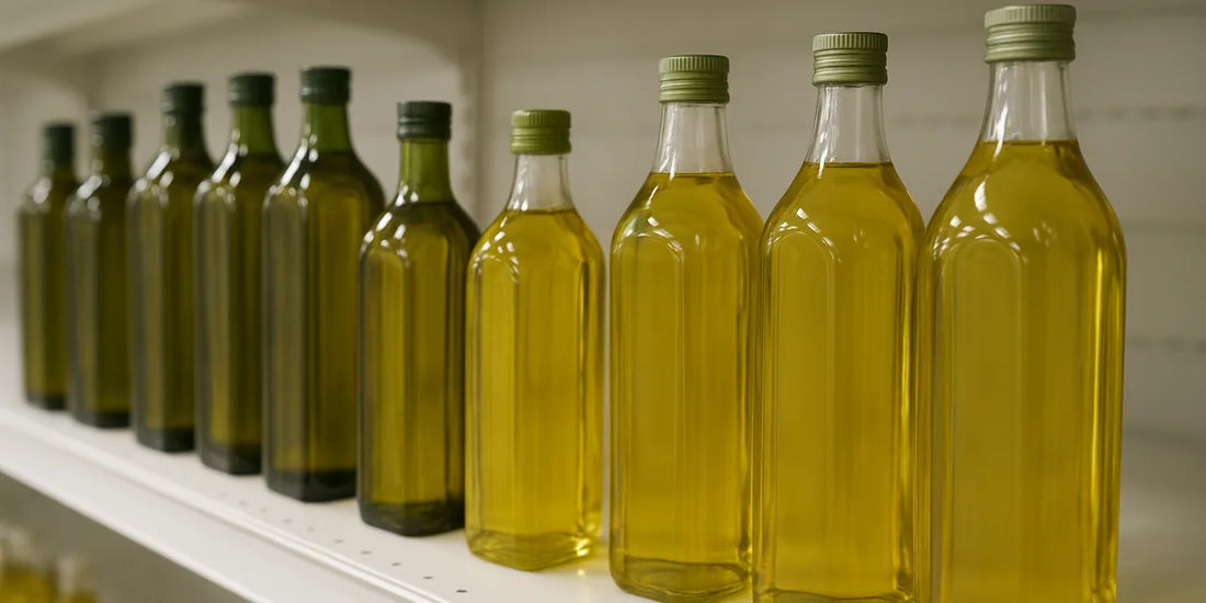 Clean white retail shelf holding a row of unbranded green and clear glass cooking oil bottles under even lighting