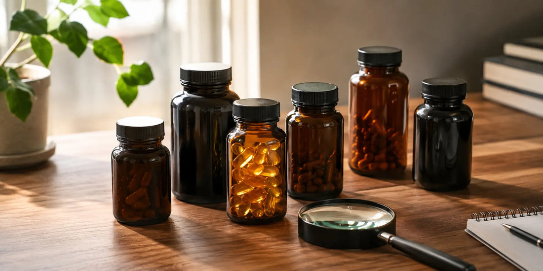 Several supplement bottles beside a magnifying glass on a clean wooden desk in soft directional light