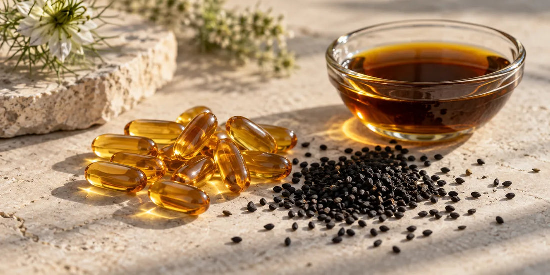 Amber vegetarian capsules beside black nigella seeds and a glass dish of deep amber oil on pale stone