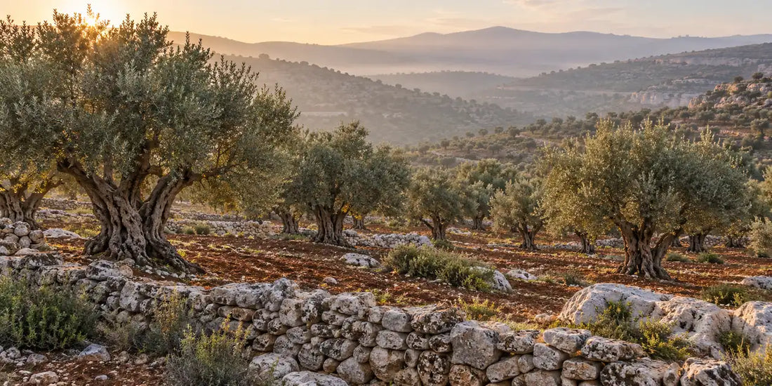 Rows of old rain-fed olive trees on red soil among limestone outcrops and low hills in soft morning light