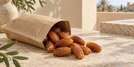Amber Deglet Noor dates spilling from an unbranded kraft pouch onto warm cream stone