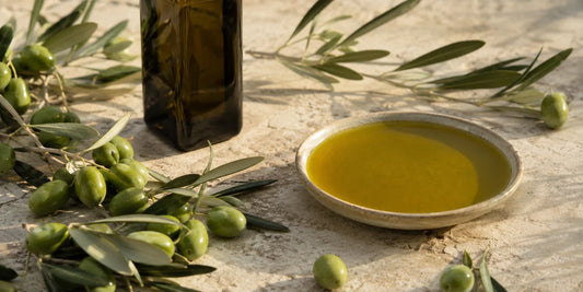 A dark glass olive oil bottle beside fresh green olives and a dish of rich golden-green oil on a pale stone surface in warm light
