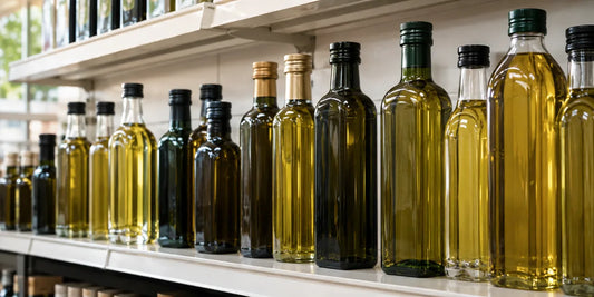A long row of unbranded olive oil bottles in dark and clear glass on a pale shop shelf