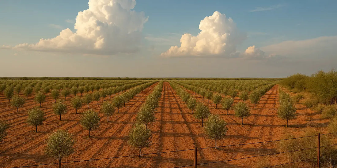 Long rows of young olive trees in red-brown sandy soil stretching to a flat horizon under a vast cloudy sky