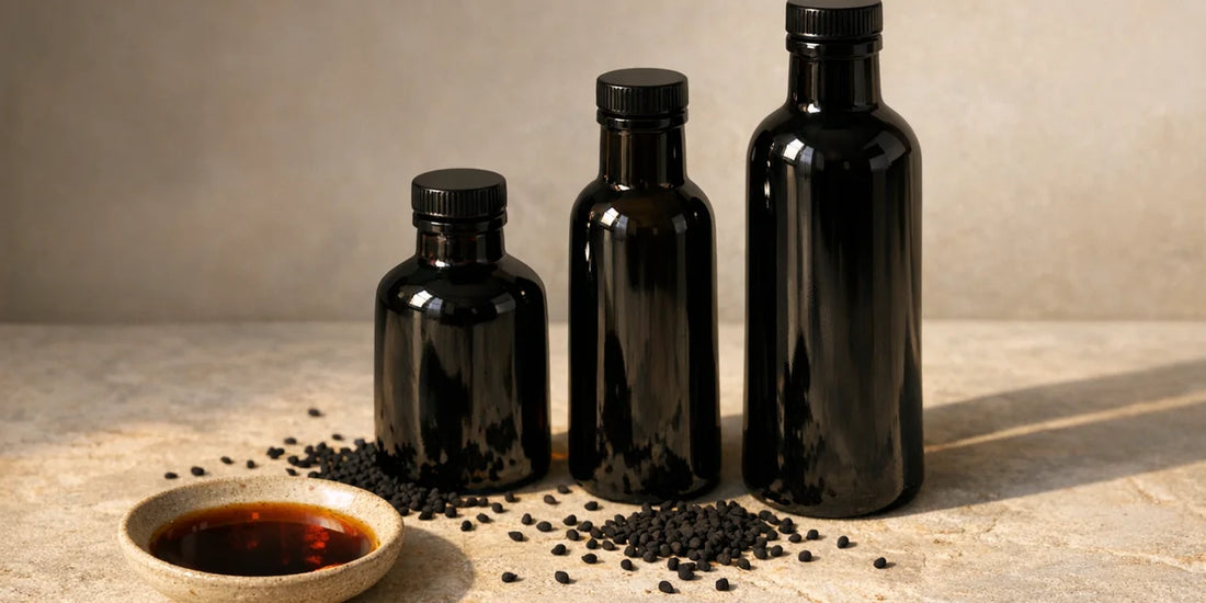 Three graduated dark glass bottles beside scattered black seeds and a dish of deep bronze oil on stone
