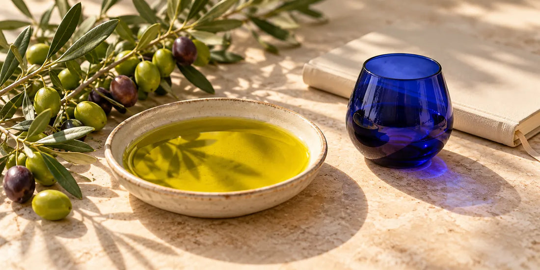 Golden green olive oil in a ceramic dish beside olive branches, blue glass and folded linen.