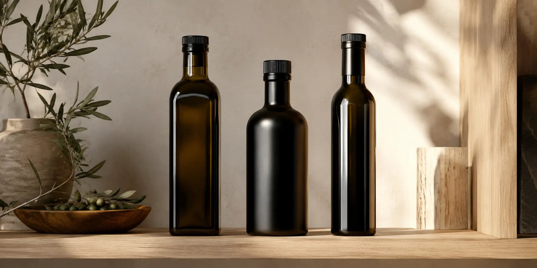 Three different dark glass bottles of oil arranged in a row on a pale wooden shelf in soft natural daylight