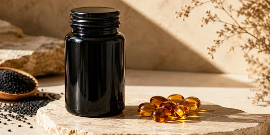 A dark glass black seed oil bottle beside softgel capsules on a pale stone surface in warm directional light