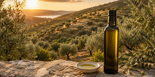 A sweeping Mediterranean olive grove on terraced hills at golden hour with a bottle of green-gold oil on stone