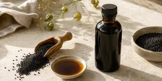 Dark glass black seed oil bottle beside scattered matte black seeds and a small dish of deep amber oil on pale stone