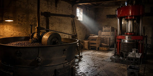 Interior of a traditional artisan oil mill with a cast-iron roasting kettle and old red hydraulic press