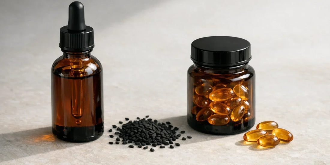 Unbranded dark dropper bottle of deep bronze oil beside a bottle of amber softgel capsules on pale stone
