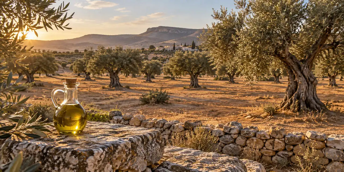 Widely spaced olive trees on a sandy ochre plain with a glass cruet of golden-green olive oil
